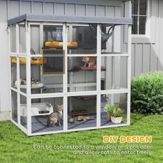 SKYONE Weatherproof Outdoor Catio: Spacious Fir Wood Enclosure with Hammock, Condo, Platforms, image {4}