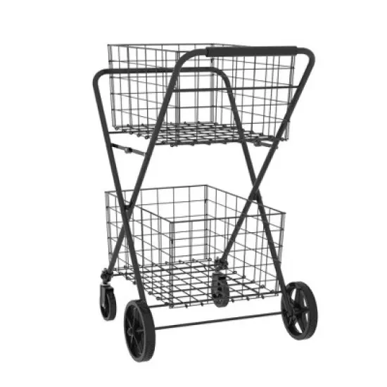 HTUTWOO 2 Layers Grocery Cart on Wheels, Jumbo Folding Utility Carts with Double Basket Waterproof Liner for Easy Transport, Groceries, Shopping image {8}