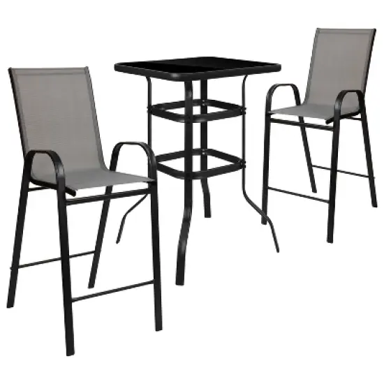 Emma and Oliver 3 Piece Outdoor Bar Height Set-Glass Patio Bar Table-All-Weather Barstools image {12}