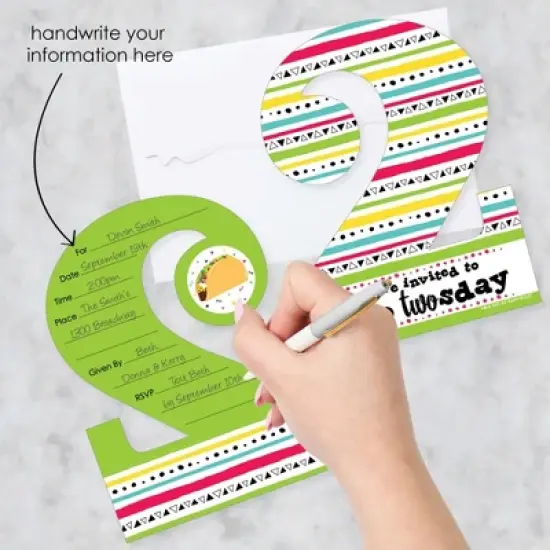 Big Dot of Happiness Taco Twosday - Shaped Fill-in Invitations - Fiesta Second Birthday Party Invitation Cards with Envelopes - Set of 12 image {1}