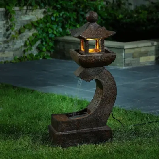 LuxenHome Resin Japanese Pagoda Fountain with LED Light image {1}