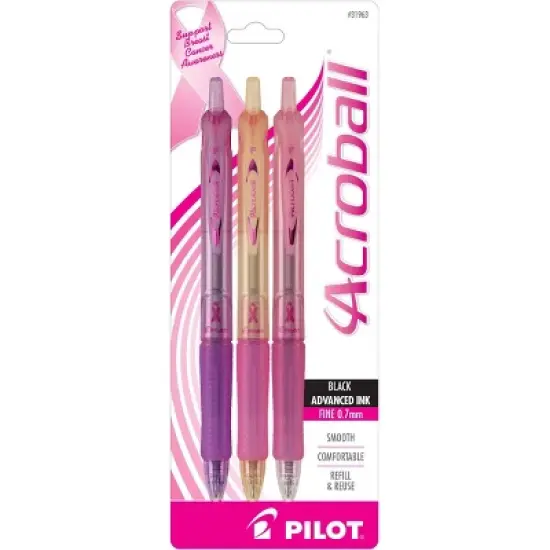 Pilot 3pk Acroball Breast Cancer Awareness Ballpoint Pens Fine Point 0.7mm Black Ink image {6}