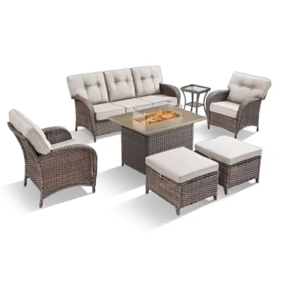 Belord Outdoor All Weather Wicker Patio Furniture Set, 7 Pieces Brown Wicker Patio Furniture Sofa Set with Propane Firepit Table image {14}