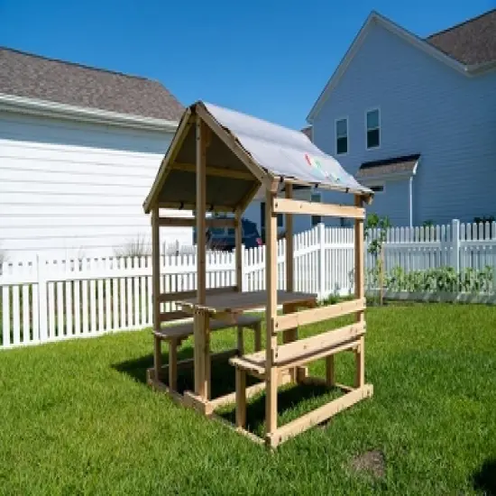 Funphix Kids Klubhouse Wooden Playhouse Outdoor Indoor, DIY Backyard Playhouse with Table & Benches image {5}