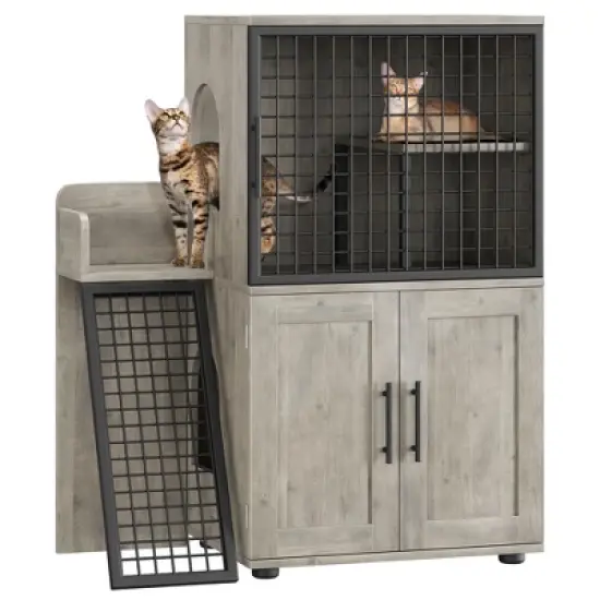 Cat Litter Box Enclosure Furniture, Hidden Double Litter Box Cabinet with Ladder image {8}