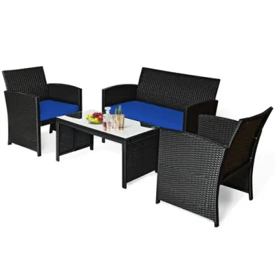 Costway 4PCS Patio Rattan Furniture Conversation Set Cushion Sofa Table Garden Turquoise\Navy image {6}