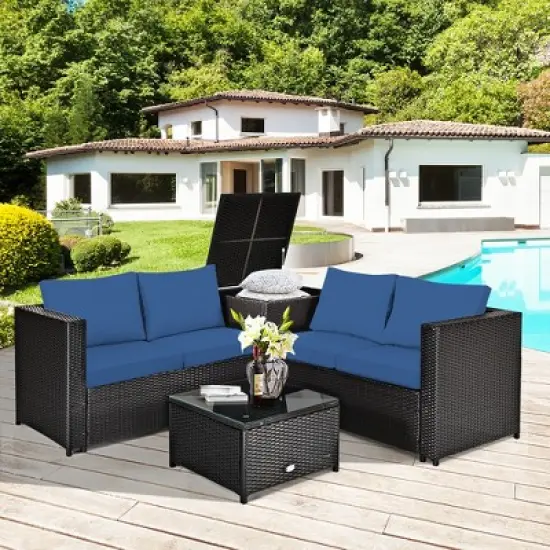 Costway 4PCS Patio Rattan Furniture Set Cushioned Loveseat Storage Table Navy image {2}