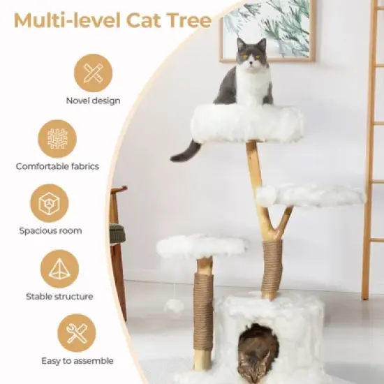 Sandinrayli Cloud Cat Tree Tower, Solid Natural Wood Branches, White image {1}