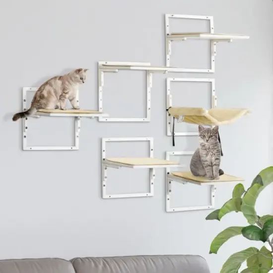 Multipet 6-pcs Modern Cat Wall Shelves for Indoor Cats, Height Adjustable Jumping Platforms & Cat Hammock image {1}