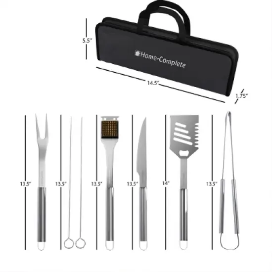 7-Piece BBQ Grill Tool Kit - Stainless Steel BBQ Accessories Kitchen Set with Spatula, Tongs, Fork, Knife, Brush, Skewers, and Case by Home-Complete image {5}