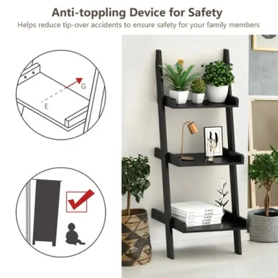 Costway 3 Tier Leaning Rack Wall Ladder Book Shelf Bookcase Storage Display Multipurpose image {9}
