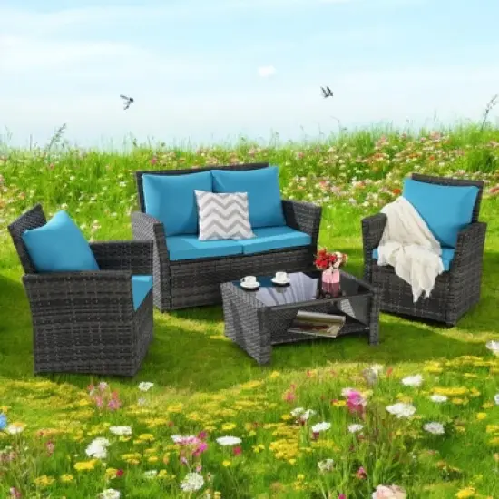 Mshliw 4-Piece Outdoor Patio Furniture Set, Garden Wicker Sofa with Tempered Glass Coffee Table, Poolside Lawn Chairs, Cushions, Modular Design image {1}