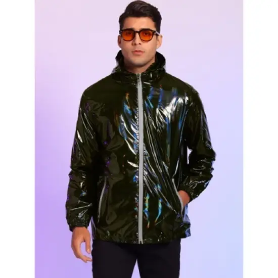Lars Amadeus Men's Solid Zipper Sparkle Shiny Holographic Hooded Metallic Jacket image {1}