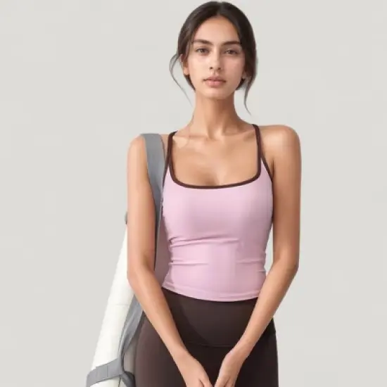 Anna-Kaci Active Women's Square Neck Fitted Crop Tank Top with Contrast Trim and Soft Stretch Fabric image {4}