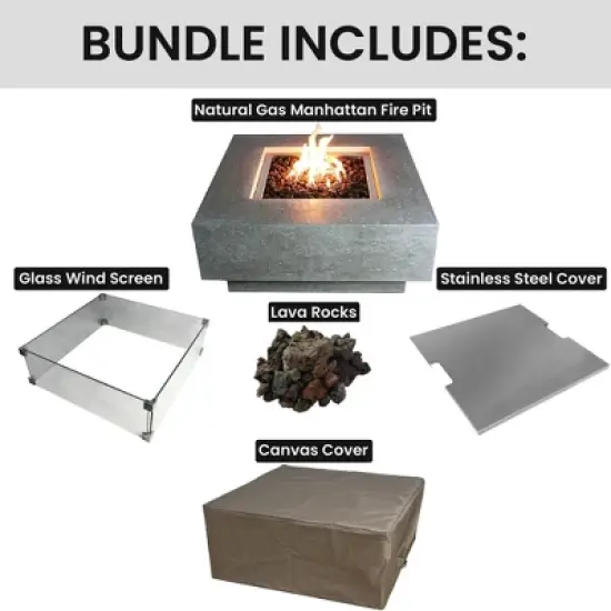 Elementi 36" Fire Pit Natural Gas with Windscreen & Stainless Steel Lid 4 Pc image {1}