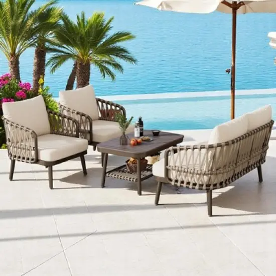 4-Piece Outdoor Conversation Set with Woven Rope U-Shaped Backrest, Acacia Wood Coffee Table, Water-Repellent Cushions image {12}