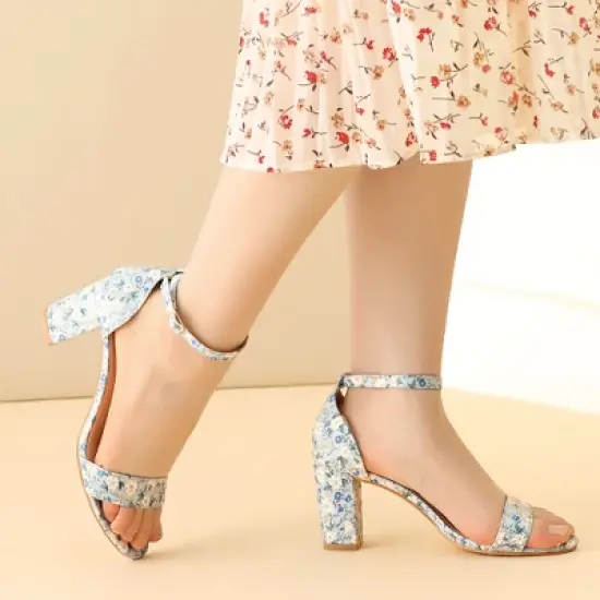 Perphy Women's Floral Open Toe Ankle Strap Chunky Heels Sandals image {1}