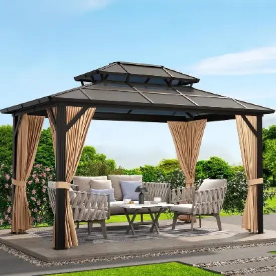 Hardtop Gazebo with Double Polycarbonate Roof &ndash; Aluminum Frame, UV Protection & Mesh Curtains for Patio, Garden, Backyard image {10}