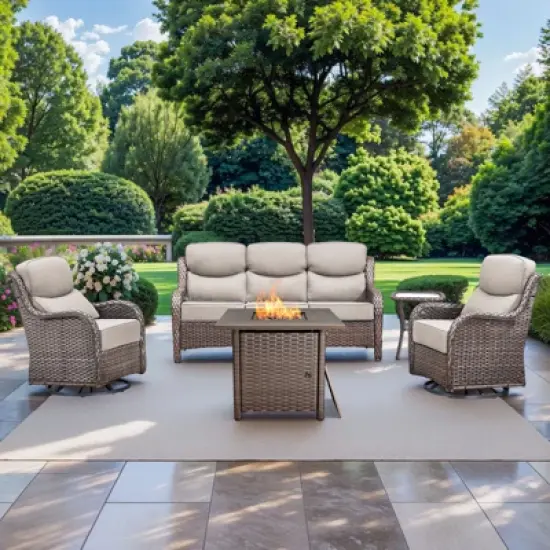 Gymojoy 5 Pieces Outdoor Patio Wicker Sofa Swivel Chair with 6 Inch Cushions and Fire Pit Table image {16}