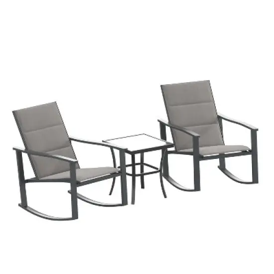 Merrick Lane 3 Piece Outdoor Bistro Set with Flex Comfort Rocking Chairs and Steel Framed Glass Top Table image {2}