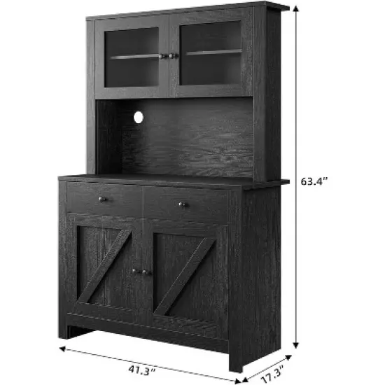 Kitchen Pantry Cabinet with Microwave Stand, Freestanding Hutch Cabinet with Buffet Cupboard,Black image {1}