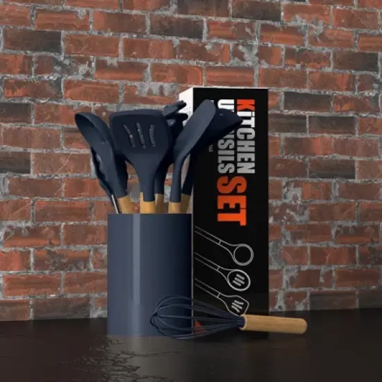 Itopfox Silicone Cooking Utensils Set - Heat Resistant Kitchen Utensils with Wooden Handles, BPA Free Gadgets for Non-Stick Cookware image {1}