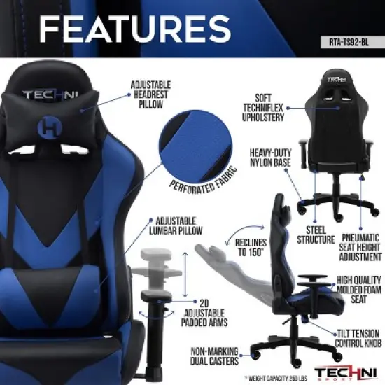 Gaming Chair High Back with TechniFlex Upholstery Reclines 150 Degrees and Adjustable Arms for Adults -3irtyhousy image {4}