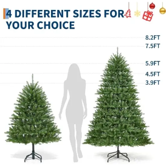 4.5/6/7.5/9FT Pre-Lit Artificial Spruce Christmas Tree with 200 Lights, 11 Modes, Hinged Branches, Foot Switch, Thick Tips, Green, Metal Stand image {1}