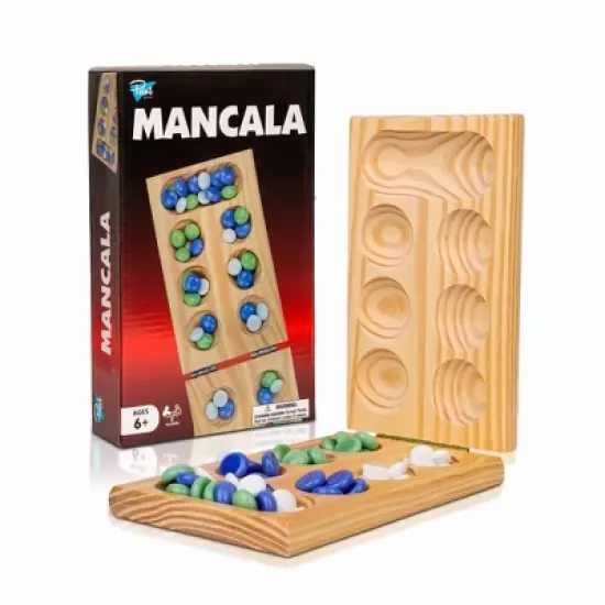 Point Games Solid Pine Mancala - Folding Board Game with Blue, Green, White Marbles- Portable Strategy Travel Game - Recommended Ages 6+ image {2}