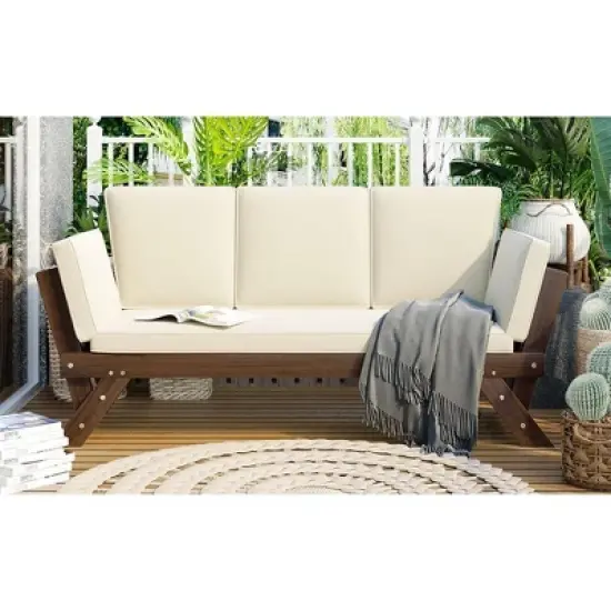 APRILSOUL Outdoor Adjustable Patio Wooden Daybed Sofa Chaise Lounge with Cushions for Small Places image {12}