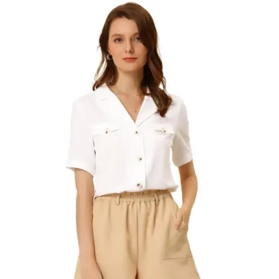 Allegra K Women's Summer Lapel V Neck Short Sleeve Work Button Down Shirts image {5}