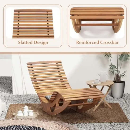 Tangkula 2PCS Outdoor Chaise Lounge Acacia Wood Rocking Sun Lounger with Slatted Backrest and Seat Wooden Rocker Lounge Chair image {5}