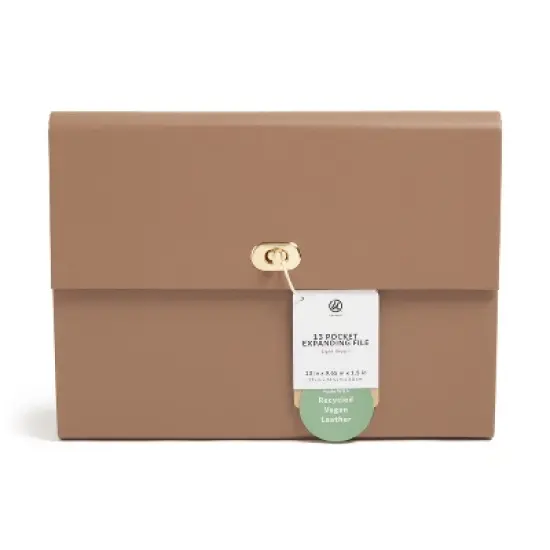 U Brands 13 Pocket Recycled Pleather Expandable File Light Brown: Accordion File Organizer, Letter Size, Office Storage image {3}