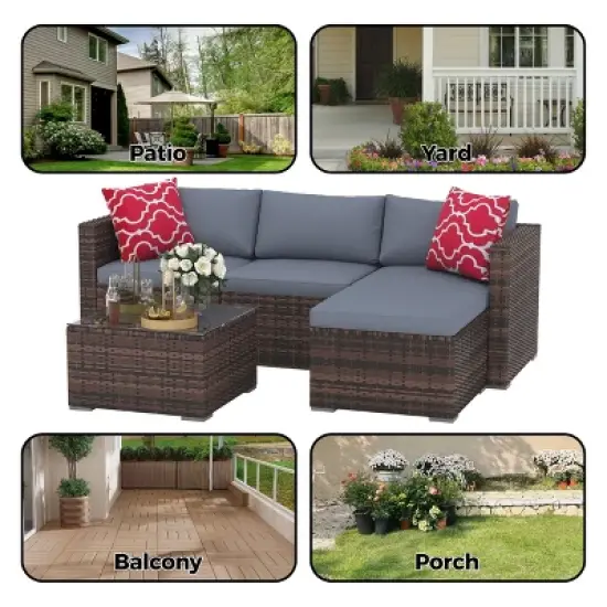 5 Pieces Patio Furniture Set, All-Weather Wicker Sectional Sofa with Glass Coffee Table and Ottoman for Balcony, Porch, Garden image {4}
