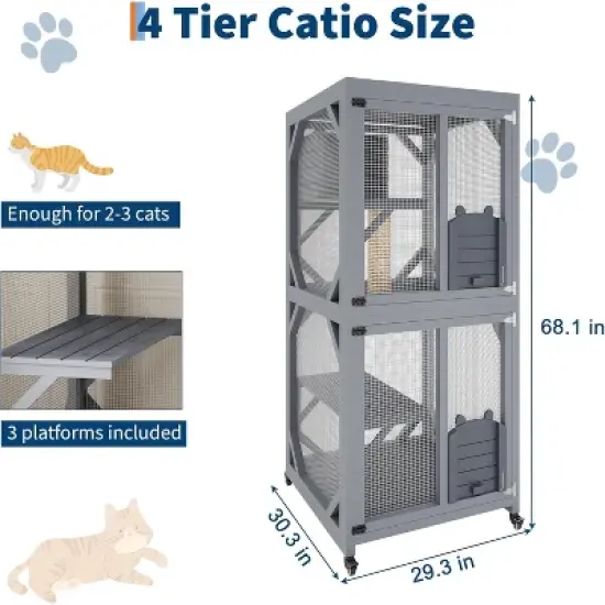 68'' Wooden Catio - 4-Tier Outdoor Cat Enclosure for Multiple Cats, Waterproof Shelter w/ 4 Platforms, 2 Sliding Doors & Scratching Post image {2}