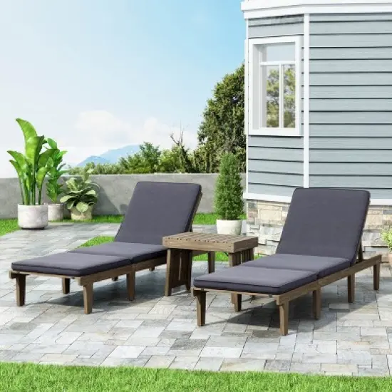 Christopher Knight Home Alisa Outdoor Acacia Wood 3 Piece Adjustable Armless Chaise Lounge Chat Set with Cushions image {1}
