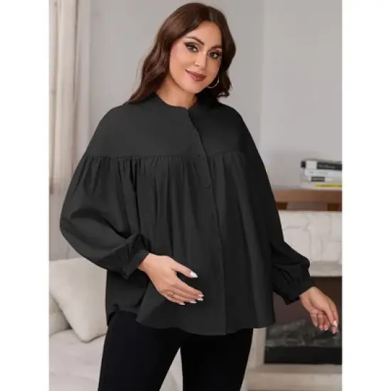 INSPIRE CHIC Women's Maternity Shirts Blouses Pleated Button Down Long Sleeve Pregnancy Nursing Top image {4}