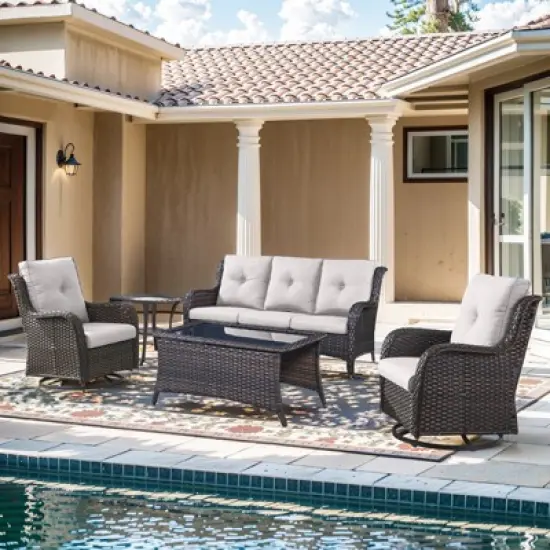 Gymojoy 5 Pieces Outdoor Wicker Sofa with Swivel Chairs, Coffee Table, Patio Furniture Set image {14}