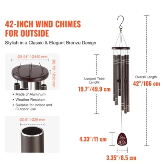 VEVOR Wind Chimes for Outside, 42", Deep Tone Wind Chimes with 6 Tubes, Unique Large Memorial Wind Chimes for Anniversary, Dark Brown image {2}