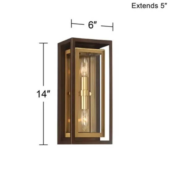 Possini Euro Design Modern Mid Century Outdoor Wall Light Fixture Oil Rubbed Bronze Brass 14" Double Box Glass for Exterior Barn Deck House Porch Yard image {6}