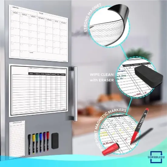 SCRIBBLEDO Magnetic Chore Chart Set 13"x17" Behavior Reward Chart, Monthly Calendar, Shopping List & 6 Markers & Eraser image {4}