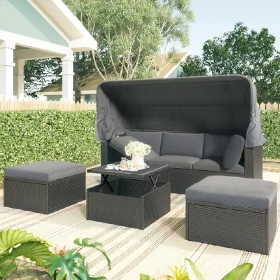 Outdoor Patio Rectangle Daybed with Retractable Canopy, Wicker Furniture Sectional Seating with Washable Cushions, Backyard, Porch image {16}