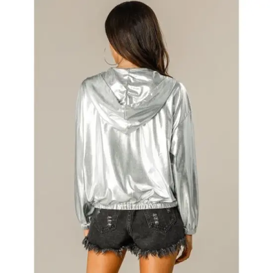 Allegra K Women's Holographic Shiny Long Sleeve Zipper Hooded Metallic Jacket image {4}