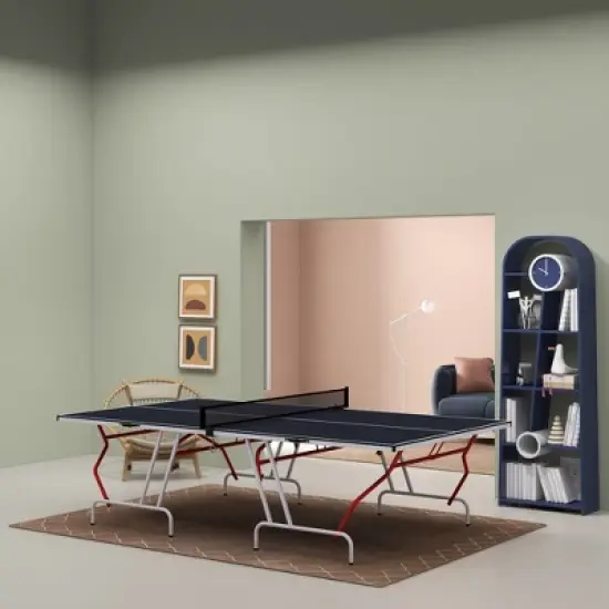 Soozier Full Size Ping Pong Table, Folds into Quarters, Portable Table Tennis Table with Net, Paddles, Balls, MDF, Charcoal Gray image {2}