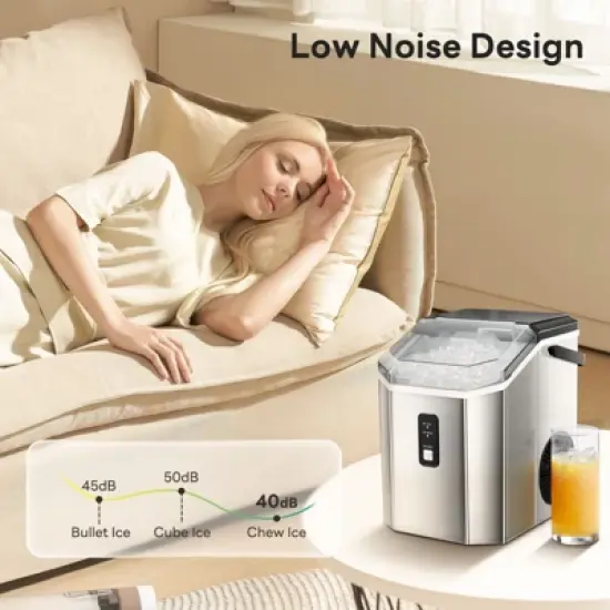 R.W.FLAME Nugget Ice Maker Countertop, Portable Ice Maker Machine with Handle, Self-Cleaning, with Ice Scoop and Basket, Stainless Steel Silver image {6}