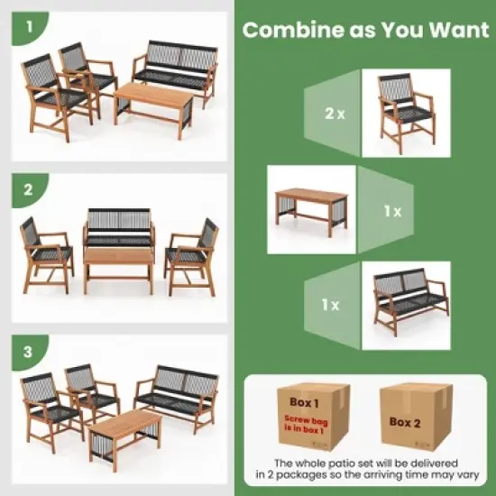 Costway Patio 4pcs Acacia Wood Conversation Table & Chair Set Hand-Woven Rope Outdoor image {4}