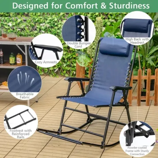 Costway Folding Zero Gravity Rocking Chair Rocker Porch Outdoor Patio Headrest Blue image {6}