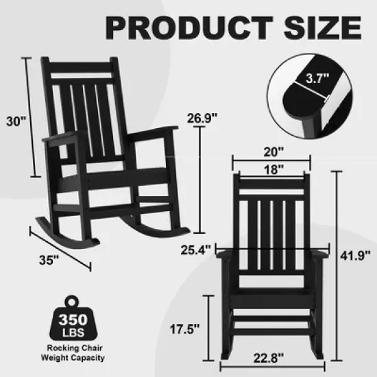 Outdoor HDPE Rocking Chairs &ndash; Oversized All-Weather Patio Rockers &ndash; Heavy Duty 350lb Capacity, Anti-Rollover Design (Black) image {2}