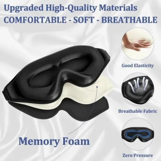 3D Deep Contoured Zero Pressure Sleep Eye Mask for Men and Women, Blackout Blindfold with Adjustable Strap for Travel, Home, Nap , Black image {3}
