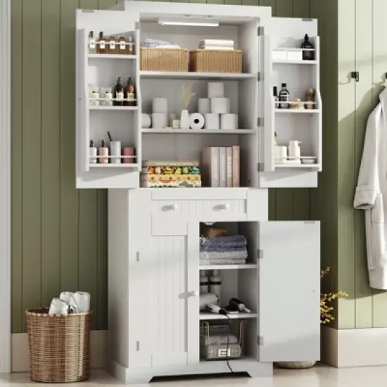 Bestier 72" Tall Kitchen Pantry Storage Cabinet with Doors and Shelves, Food Pantry Cabinet with Motion Sensor Light, White image {4}
